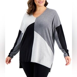 INC International Colorblock Vneck Sweater Gray Black Women’s Size 2X